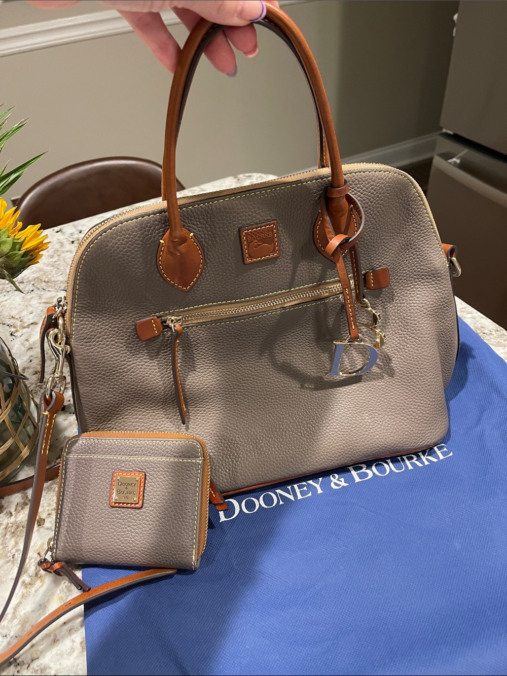 Dooney & Bourke Tall Domed Pebbled Leather Satchel in Elephant with wallet